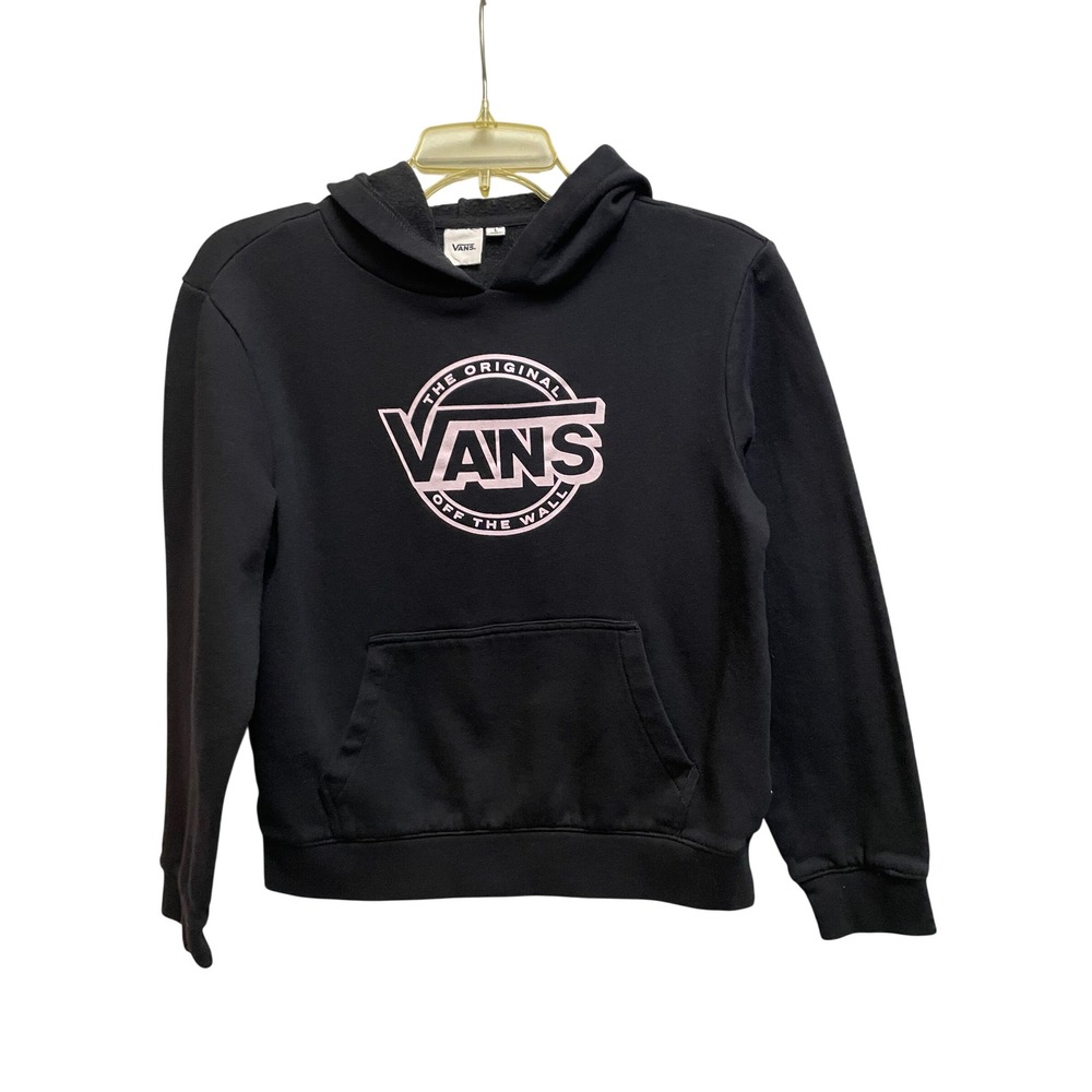 Vans Kids Hoodie Black Pink Off The Wall Logo Pullover Sweatshirt Size L